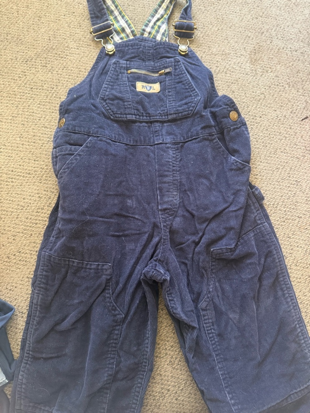 Ralph Lauren Navy Corduroy Kids Overalls with Plaid Trim